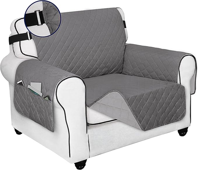 PureFit Reversible Sofa Cover Water Resistant Chair Couch Cover, Machine Washable Furniture Cover with Non-Slip Foam and Adjustable Strap for Dogs, Pets (Chair, Gray/Light Gray)