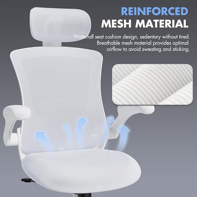 High Back Office Chair with Adjustable Lumbar Support & Headrest, Ergonomic Mesh Desk Chair with Flip-Up Armrests, Breathable & Comfortable Computer Chair for Home, Office & Study, White
