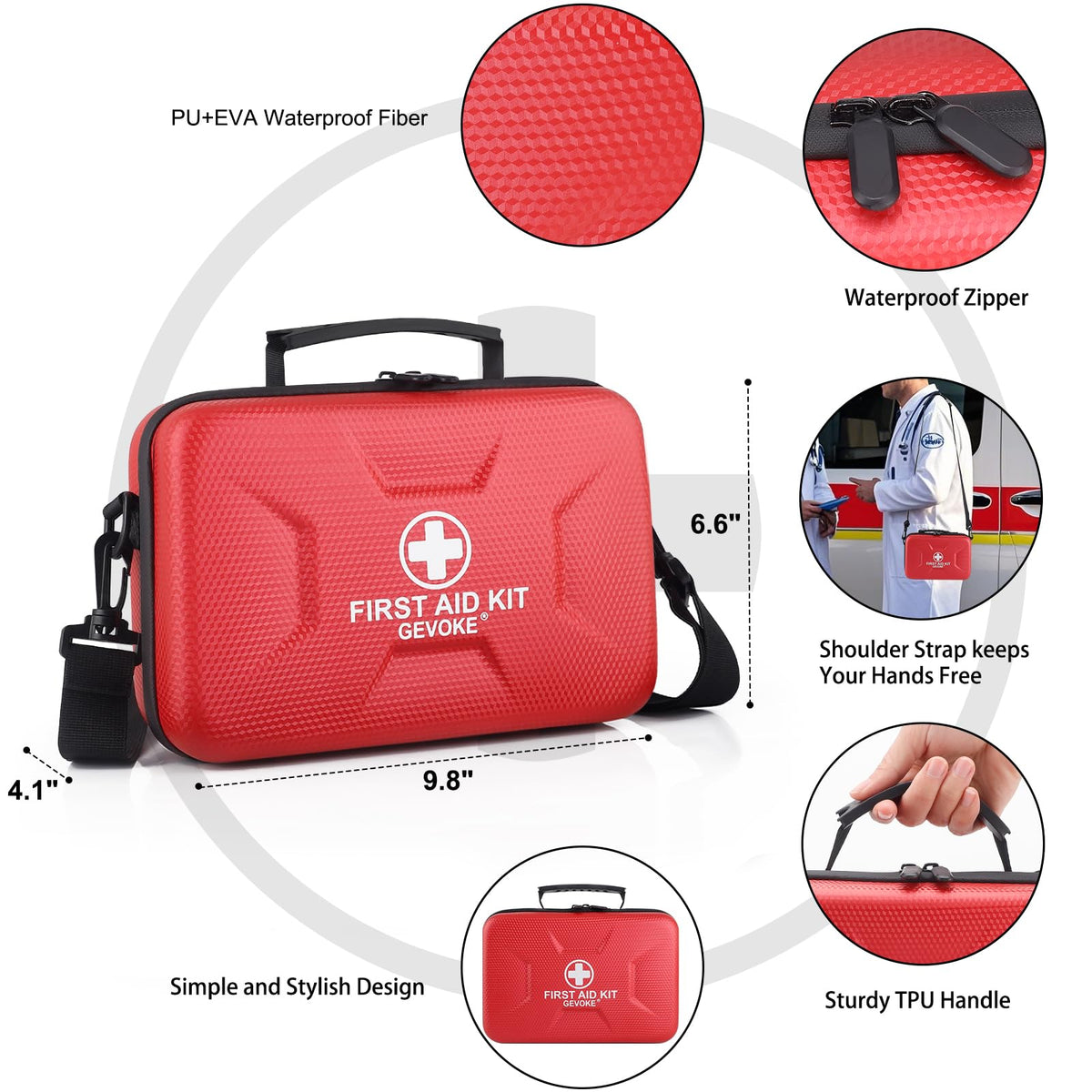Gevoke First Aid Kit - 410 Piece, Waterproof, Red