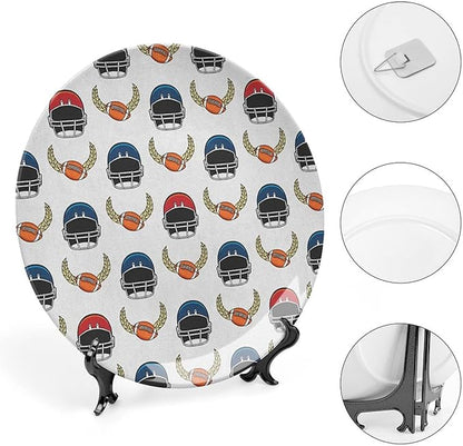 Decorative Plates, American Football Print Ornament, Rugby Championship Professional League Fun Game, 7 Inch, 1 Plate with 1 Display Stand, Multicolor