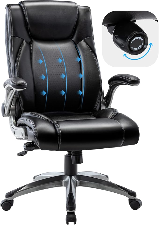Executive Leather Office Chair, Ergonomic Office Chair with Adjustable Lumbar Support,High Back Computer Desk Chair, Flip-up Arms, Swivel Rolling Home Office Work Chair for Adults, Men, Women (Black)