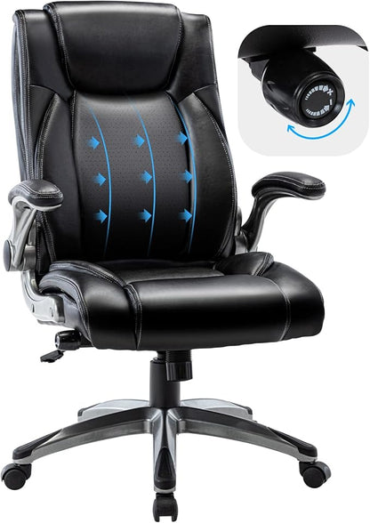 Executive Leather Office Chair, Ergonomic Office Chair with Adjustable Lumbar Support,High Back Computer Desk Chair, Flip-up Arms, Swivel Rolling Home Office Work Chair for Adults, Men, Women (Black)