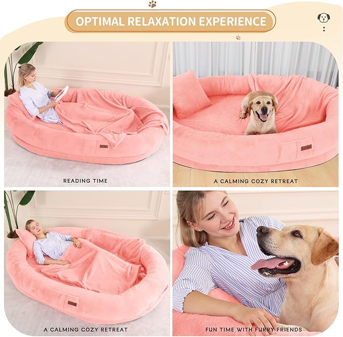 Human Dog Bed for Adult Kids, 70"x33"x12" Washable Faux Fur Human Size Dog Bed for People Doze Off, Pink