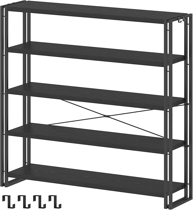 HCHQHS Bookshelf, 5-Tier Industrial Bookcase, Black Open Book Shelf, Freestanding Tall Bookshelves with Metal Frame
