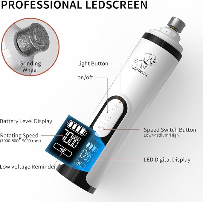 YFL Dog Nail Grinder with LED Light, Super Quiet 2-Speed Electric Pet Nail Trimmer, Professional Rechargeable Dog Nail Clippers for Large Medium Small Dogs & Cats