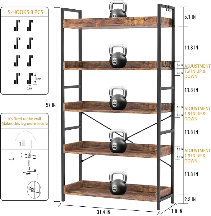HCHQHS 5 Tier Bookshelf, Adjustable Industrial Bookcase, Vertical Tall Book Shelf, Wood and Black Metal Open Bookshelves for Home Office, Living Room, Bedroom