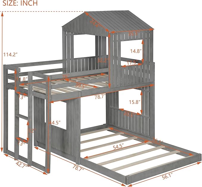 Ball & Cast Twin Over Full Playhouse Bunk Bed with Ladder and Window,Farmhouse Wood Bunkbed w/Full-Length Guard Rail & Slat Support,Space Saving,Bedroom Furniture for Student Dorms,Antique Gray