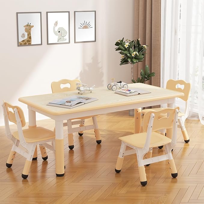 GarveeHome Kids Table and 4 Chairs Set, Height Adjustable Toddler Table and Chair Set for 4, Graffiti Desktop, Non-Slip Children Table for Home Daycare Preschool for Ages 2-8, Beige