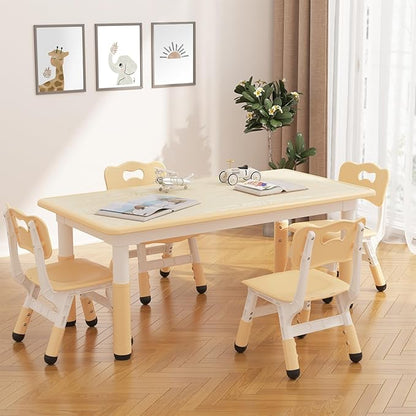 GarveeHome Kids Table and 4 Chairs Set, Height Adjustable Toddler Table and Chair Set for 4, Graffiti Desktop, Non-Slip Children Table for Home Daycare Preschool for Ages 2-8, Beige