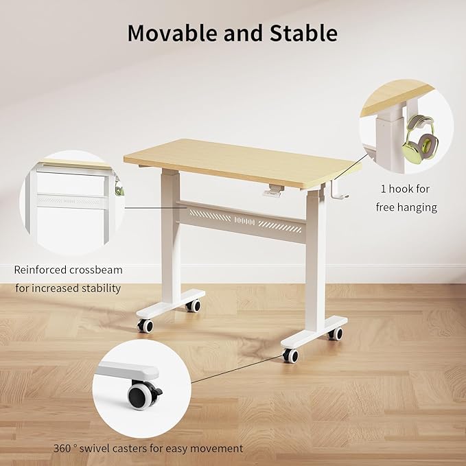 Mobile Walking Pad Desk with Wheels, Pneumatic Small Rolling Standing Desk Riser Height Adjustable (28-43.7") for Treadmill, Portable Computer Table for Home Office, Oak