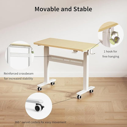 Mobile Walking Pad Desk with Wheels, Pneumatic Small Rolling Standing Desk Riser Height Adjustable (28-43.7") for Treadmill, Portable Computer Table for Home Office, Oak