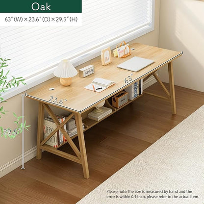 Extra Long Desk with Bookshelf - Wooden Home Office Work Study Table, 2-Person Writing Computer Workstation with Storage Shelf in Oak, 63" Wx24 Dx30 H