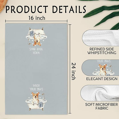 Funny Corgi Dog Hand Towels for Bathroom, Dogs Themed Decorative Hand Towels, Wash Your Paws Dish Tea Towel for Kitchen Bathroom Decor, Corgi Gifts for Dog Lovers Women Men, 16x24 Inch