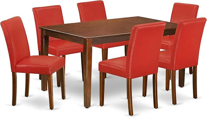East West Furniture CAAB7-MAH-72 7 Piece Kitchen Table & Chairs Set Consist of a Rectangle Dining Room Table and 6 Firebrick Red Faux Leather Upholstered Chairs, 36x60 Inch, Mahogany