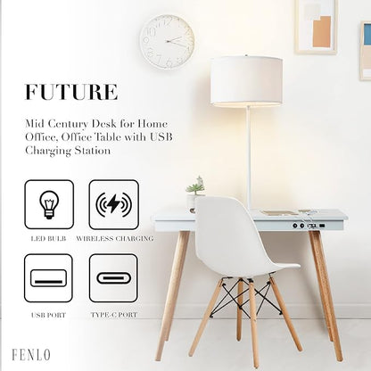 FENLO Future 39" Mid Century Modern Desk for Home Office, Office Desk with USB Charging Station, Wireless Charging, USB, USB-C Ports, White