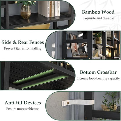 Homykic Bamboo Triple Wide Shallow Bookshelves and Bookcases, 6-Tier 6ft Tall Bookshelf with 17 Open Display Shelves, Super Large Freestanding Book Shelf for Home Office, Bedroom, Living Room, Black