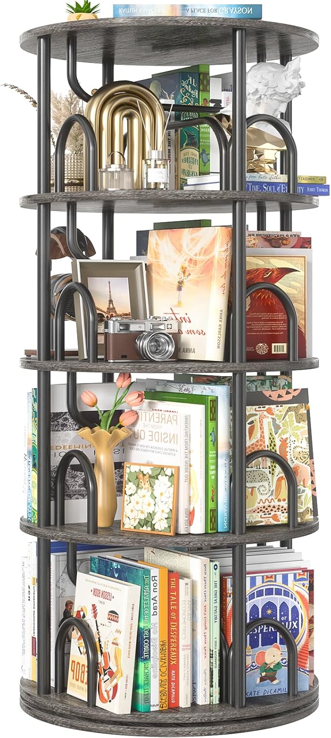 Aheaplus 4 Tier Rotating Bookshelf Tower, 360 Display Spinning Bookcase, Revolving Round Book Shelf Narrow Swivel Bookshelf, Vertical Turning Corner Book Organizer for Small Space, Black Oak