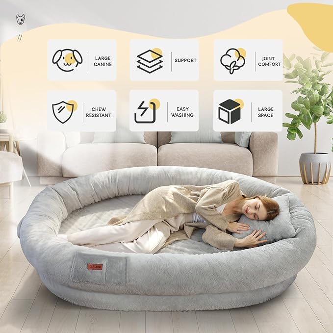 Human Dog Bed for Adult Kids with Blanket and Pillow, 70"x33"x12" Washable Faux Fur Human Size Dog Bed for People Doze Off, Light Grey