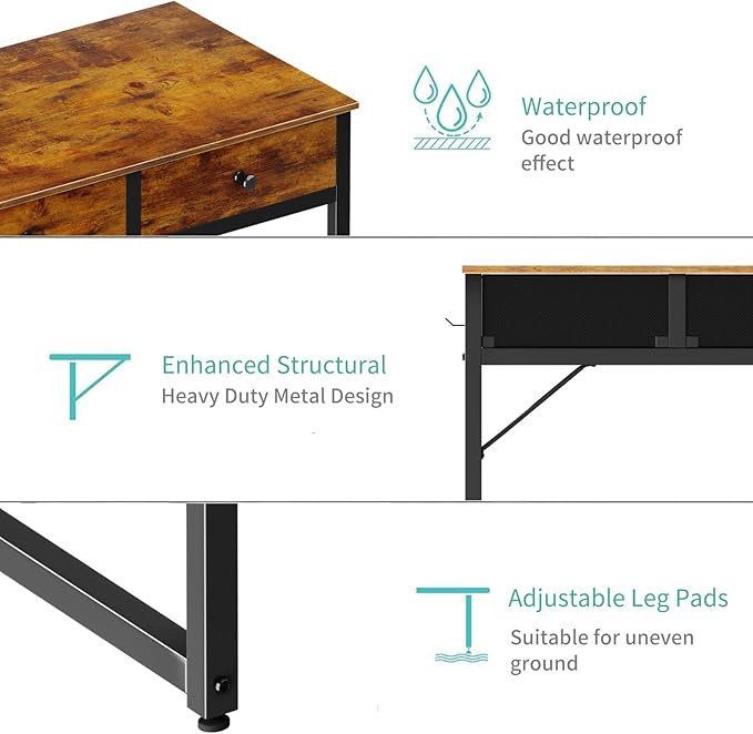 Lufeiya 40 Inch Desk with Drawers for Bedroom - 39 Inch Home Office Desks with 3 Fabric Storage Drawer and Pocket, Study Writing Table Rustic Computer Desk, Vintage Brown
