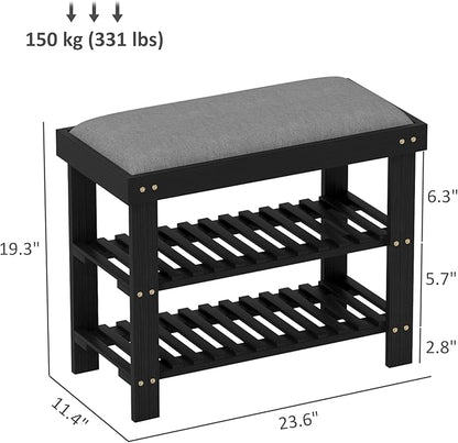 HOMCOM Bamboo Shoe Bench, 3-Tier Entryway Bench with Storage and Cushion, Shoe Organizer for Entryway, Hallway, Holds Up to 331 lbs, 23.6 x 11.4 x 19.3 Inches, Black