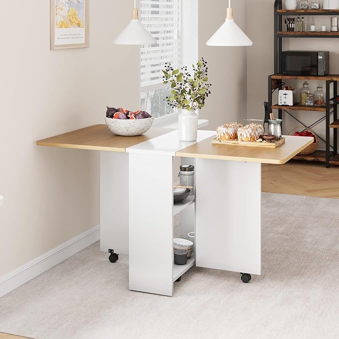 GarveeHome Folding Dining Table, Space Saving Farmhouse Dining Table for 4 Storage Shelf, 6 Wheels Multipose Expandable Kitchen Drop Leaf Table for Small Space (Pear Wood, 47.2"D x 23.6"W x 29.5"H)