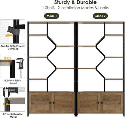 76" Tall Shelf with Storage Cabinet Doors, 6 Tier Open Bookshelf for Multi-use Display, Staggered Book Shelf Etagere Bookcase for Home Office/Living Room, Deep Metal & Wood Accent Shelf, Rustic Brown