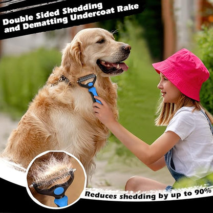 3PCS Self Cleaning Slicker Brush & Pet Grooming Rake & Flea Comb for Dogs, Cats and Horses | Double-Sided Dematting Comb & Skin Friendly Deshedding Grooming Tool | Premium Pet Supplies (Blue)