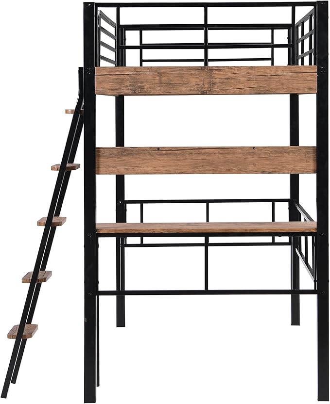 Metal Twin Size Loft Bed with Built-in Desk,Storage Shelf and Ladder,Full-Length Guardrails and Secured Metal Slats, High LoftBed W/Large Storage Space for Kids Teens Adults Bedroom,Black