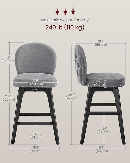 VASAGLE Bar Stools Set of 4, Swivel Counter Height Bar Stools with Back and Wood Legs, Chenille Fabric Upholstered Barstools, 26.2-Inch Tall Counter Barstools for Kitchen Island, Slate Gray
