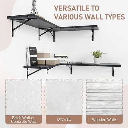 Kaboon 45 inch Long 10 inch Deep Floating Shelves for Wall Set of 2, Large Open Shelves Wall Mounted, Space Saving Home and Commercial Use, Cloud Atlas/Black Marble