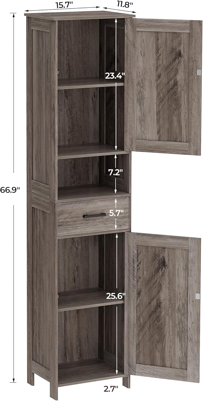 Homhedy 67" H Tall Bathroom Storage Cabinet with 2 Barn Doors and 1 Drawer, Narrow Storage Unit, Adjustable Shelves, Floor Cabinet for Bathroom, Living Room, Entryway, Kitchen, Greige, (15.7" W)