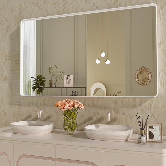 WEER White Bathroom Mirror 55X30 Inch, Rounded Rectangle White Metal Frame Mirror, Matte White Bathroom Vanity Mirror with Tempered Glass, Anti-Rust, Hangs Horizontally or Vertically