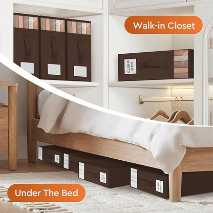 6 Pack Bed Sheet Closet Organizers and Storage,Sturdy Foldable Storage Containers with Window and Label,Storage and Organization for Bedding Sheets,Duvet Covers,Blankets (Brown)