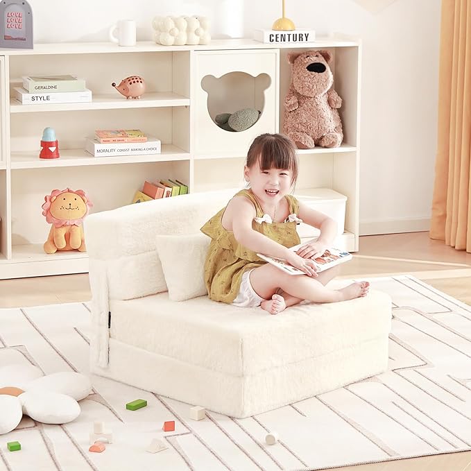 Folding Sofa Bed Beige Floor Mattress for Kids with Pillow, Toddler Washable Folded Floor Nap Mat Futon, Child Fold Up Sofa Folding Chair Bed with Storage Bag for Girls and Boys