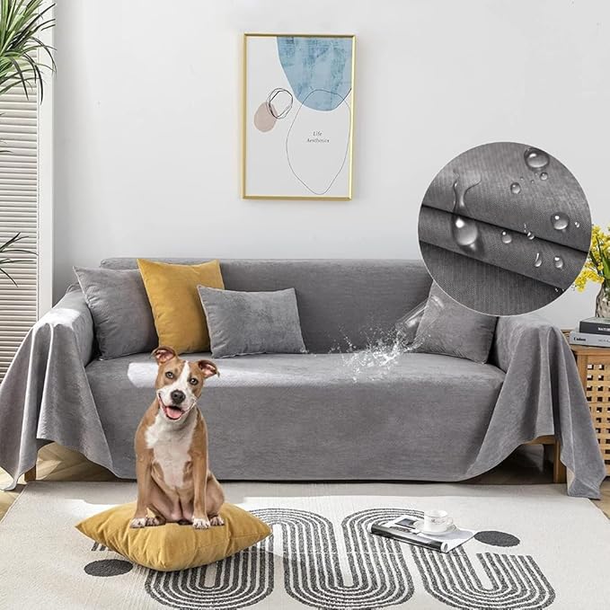 STACYPIK Waterproof Gray Couch Cover for Dogs, Non-Slip Sofa Covers for 3 Cushion Couch,Washable Sectional Cover for L-Shaped, Anti-Scratch Loveseat Cover, Pet-Friendly Furniture Protector-71X134IN