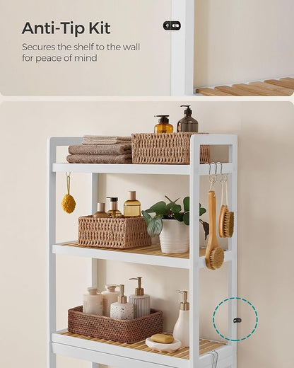 SONGMICS Over The Toilet Storage, 3-Tier Over Toilet Bathroom Organizer with Adjustable Shelf, 10.2 x 24.8 x 66.9 Inches, Space-Saving, Cloud White and Natural Beige UBTS001W02