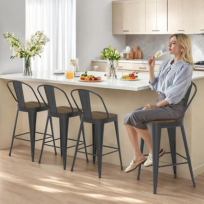 30” Swivel Bar Stools Set of 4, Counter Height Bar Stools Wooden Seat, Metal Industrial Bar Chairs with High Back for Kitchen Island (Black)