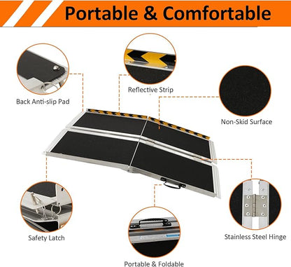 Portable Wheelchair Ramp 5FT, 60" L x 29" W Non-Skid Aluminum Foldable Handicap Ramps for Steps, 800lbs Capacity Threshold Ramps, Lightweight with Handle, for Home,Stairs,Doorways,Curbs (5FT)