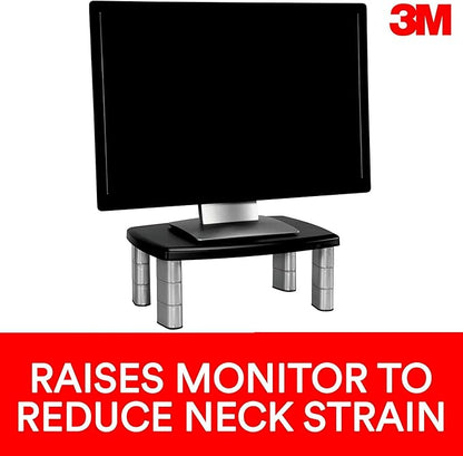 3M Adjustable Monitor Stand, Three Leg Segments Simply Adjust Height from 1" to 5 7/8", Sturdy Platform Holds Up to 80 lbs, 11-inch Space Between Columns for Storage, Silver/Black (MS80B)