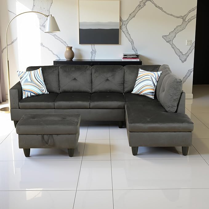 Couches for Living Room Modern L Shaped Couch Comfy Flannel Fabric 3 Pieces Sectional Sofa with Chaise, Ottoman with Storage for Office and Small Apartment, Grey