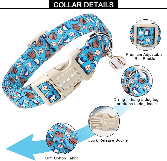 ARING PET Baseball Dog Collar, Cute Summer Blue Pet Collars with Quick Release Buckle for Puppy Small Medium Large Boy Girl Dogs-M