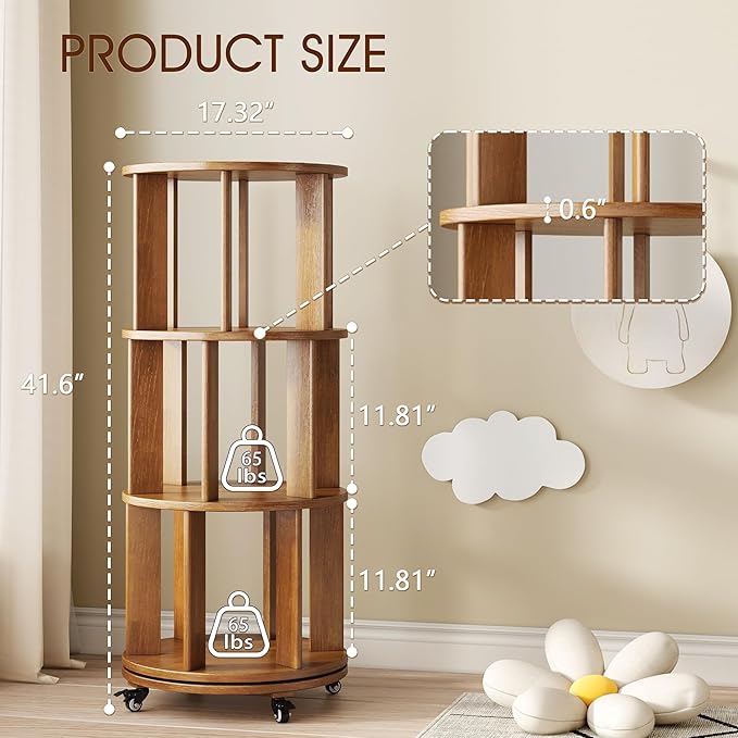 3 Tier Rotating Bookshelf Tower Spinning Bookshelf with Swivel Wheels Book Shelf Rotating Storage Tower for Kids Adult Narrow Walnut Solid Wood Revolving Bookcase Organizer for Bedroom Living Room