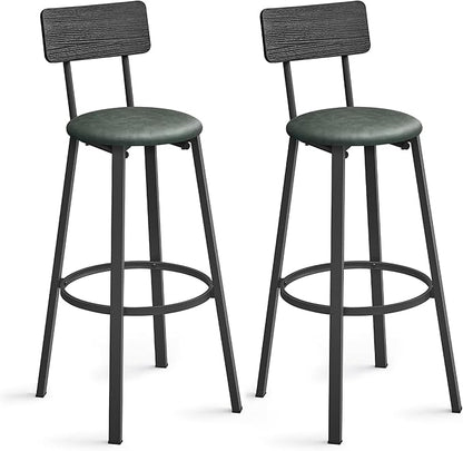 VASAGLE Bar Stools, Set of 2 PU Upholstered Breakfast Stools, 29.7-Inch Barstools with Back and Footrest, Simple Assembly, for Dining Room Kitchen Counter, Classic Black and Forest Green ULBC069C01