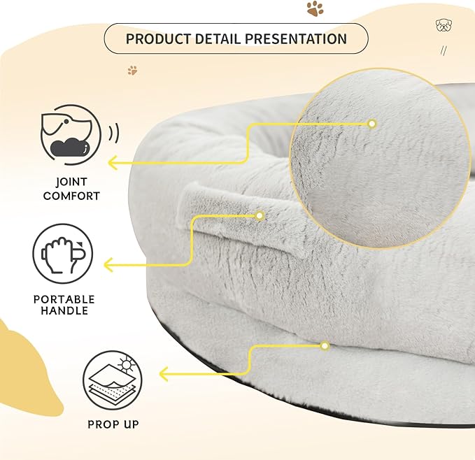 Human Dog Bed for Adult Kids with Blanket and Pillow, 70"x33"x12" Washable Faux Fur Human Size Dog Bed for People Doze Off, Light Grey