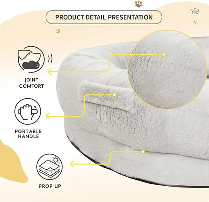 Human Dog Bed for Adult Kids with Blanket and Pillow, 70"x33"x12" Washable Faux Fur Human Size Dog Bed for People Doze Off, Light Grey