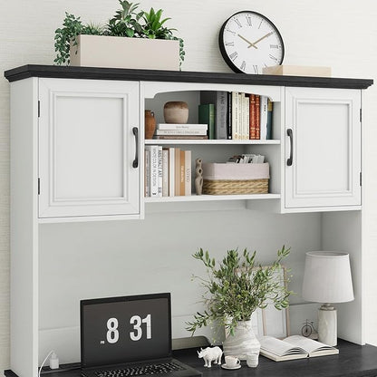 Farmhouse 47" Executive Desk with Hutch, 2 Drawers and LED Light, Computer Desk with Storage Cabinet and Charging Station,Workstation for Home Office and Study.