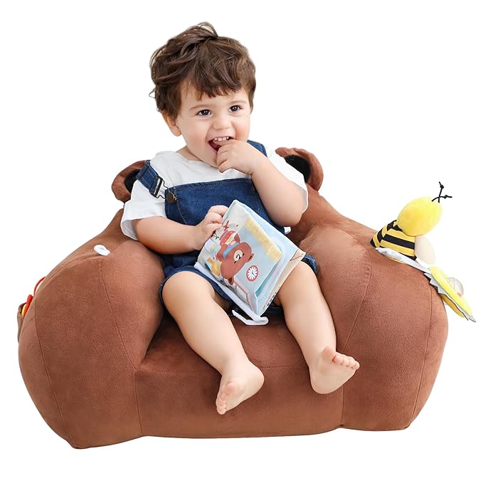 Lovvie & Joy Toddler Sofa Chair, Soft Toddler Kids Chair with Learning Toy Phone,Cloth Book and Rattle Toy,Toddler Chair Couch for Boys and Girls Ages 1+ Years Bear