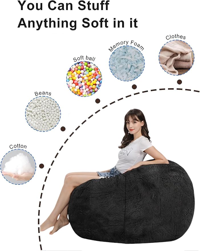 Bean Bag Chair for Adults Kids Without Filling Comfy Fluffy Giant Round Beanbag Lazy Sofa Cover for Reading Chair Floor Chair, 6FT, Dark Grey