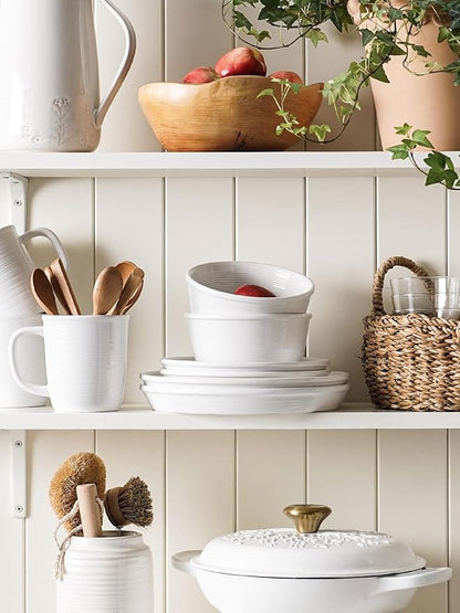 LE TAUCI Dishes Set with Mugs for 4, Stoneware Plates and Bowls Set, 10" Dinner & 8" Salad Plates, 6" Bowls, 18 oz Cups, Stackable, Microwave & Dishwasher Safe Ceramic Dinnerware, 16-Piece, White