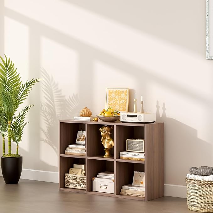 6-Cube Storage Shelf Bookcase - Wooden 3-Tier Floor Standing Open Bookshelf for Home and Office, Cuby Orgainzer, Walnut